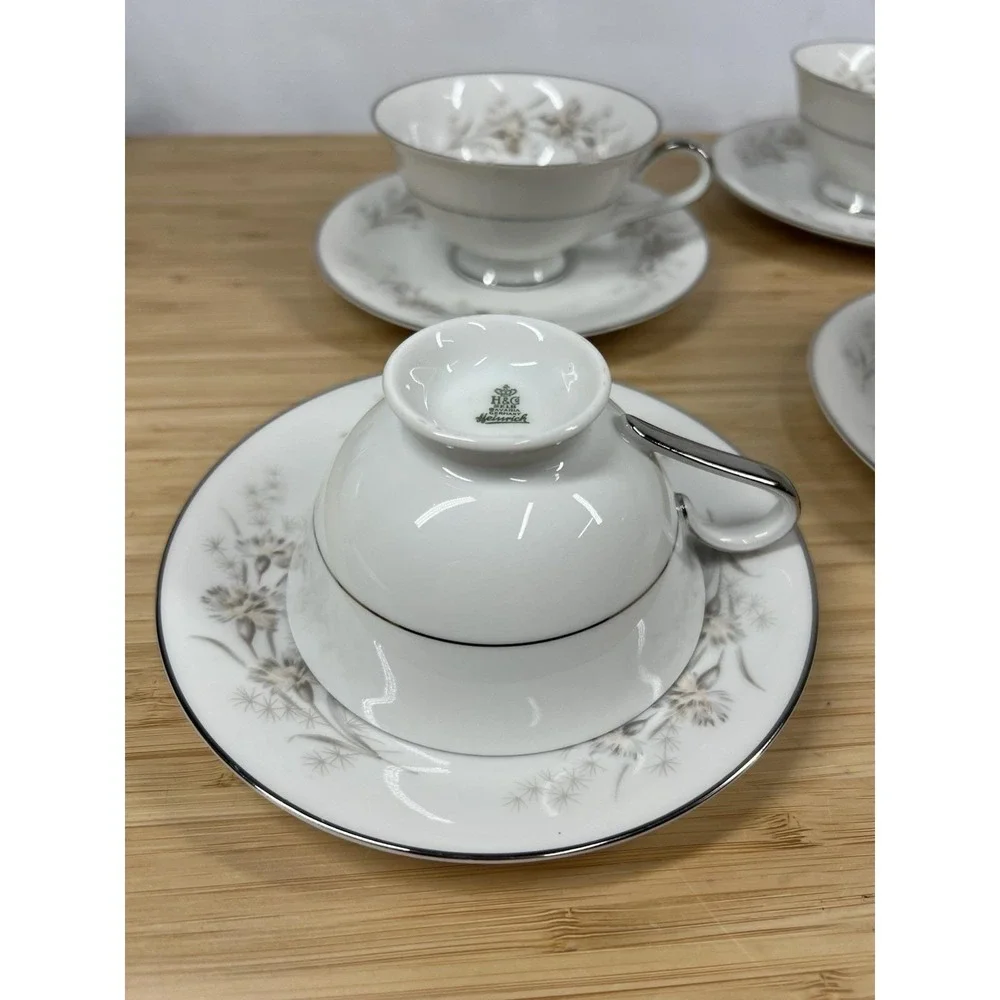 H&C Selb Heinrich Bavaria Teacups‎ & Saucers Gray Floral Platinum Set of 4